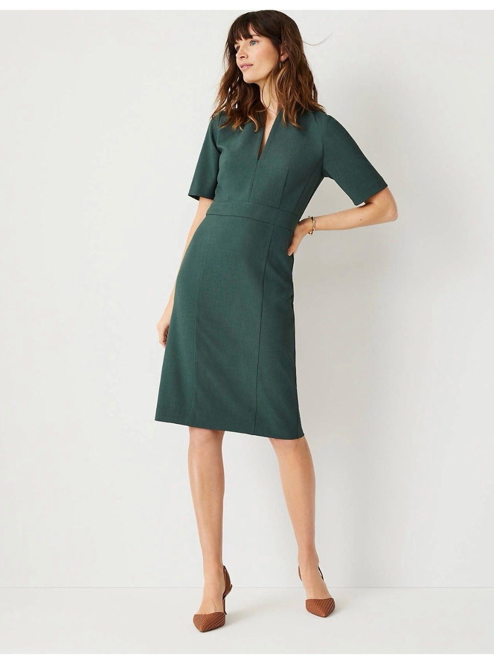 Betabrand Deep Green V-Notch Midi Sheath Dress with pockets small